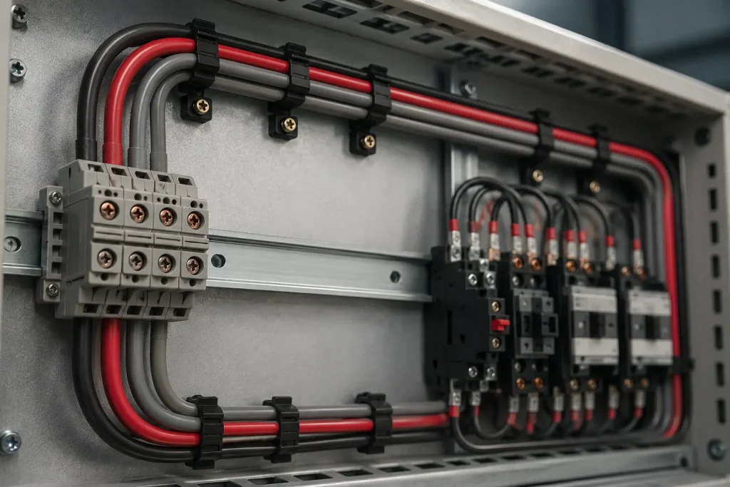 UL 1283 6 AWG PVC wire routed inside equipment panel for heavy gauge internal wiring