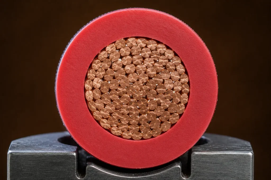 Macro cut end of UL 1283 6 AWG wire showing thick PVC 60 mil wall and stranded copper conductor cross-section