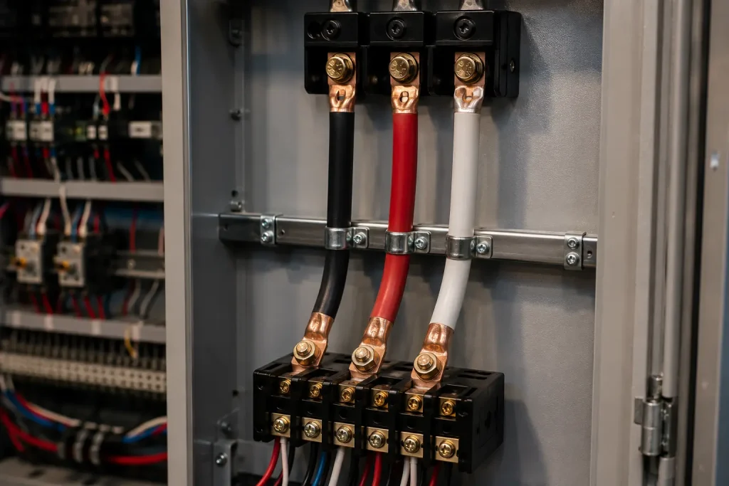 UL 1283 8 AWG PVC wire routed to sub-panel distribution block inside equipment enclosure internal wiring