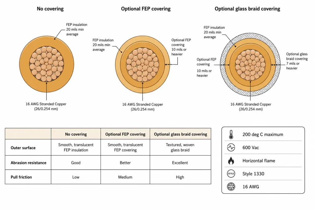 UL 1330 16 AWG covering comparison diagram bare FEP versus FEP layer versus glass braid construction