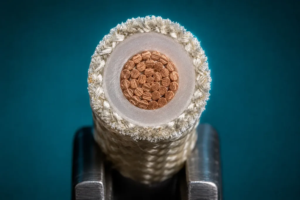 Macro cut end of UL 1330 16 AWG showing glass braid covering over FEP insulation and stranded copper conductor