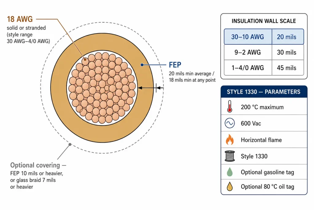 UL 1330 18 AWG technical cross-section diagram, FEP insulation 20 mils minimum average wall, 200C 600V