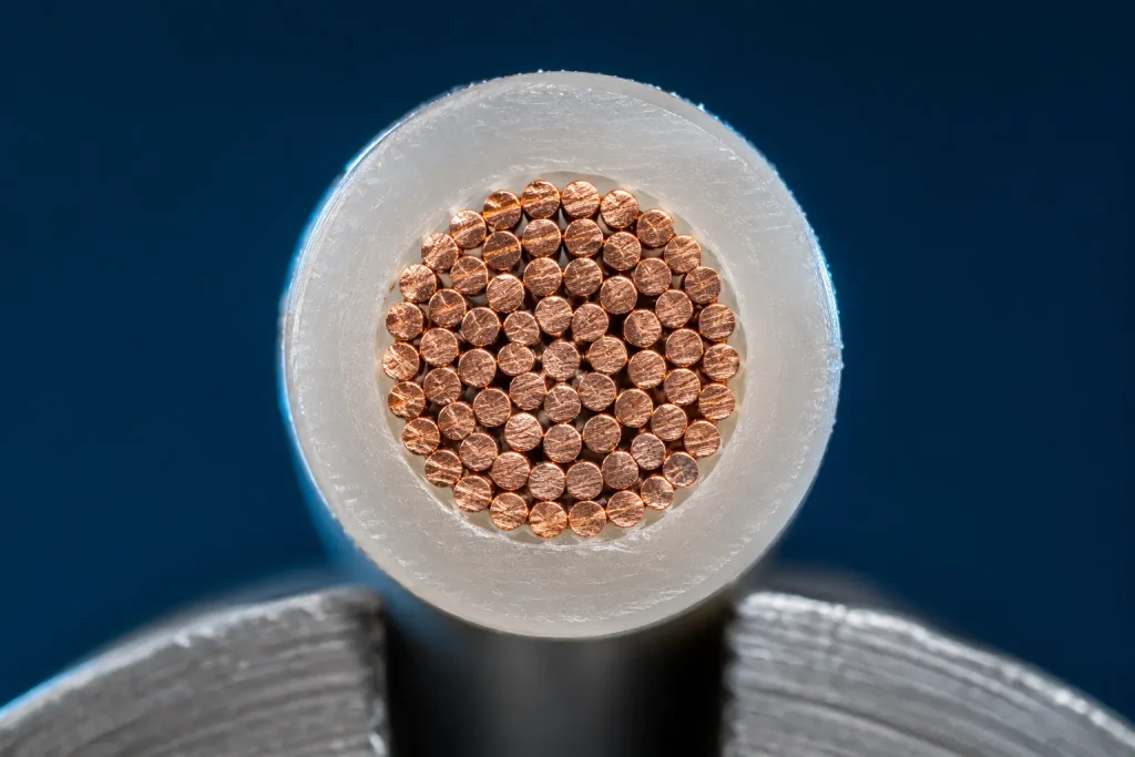 Macro cut end of UL 1330 18 AWG showing FEP insulation 20 mil wall and stranded copper conductor