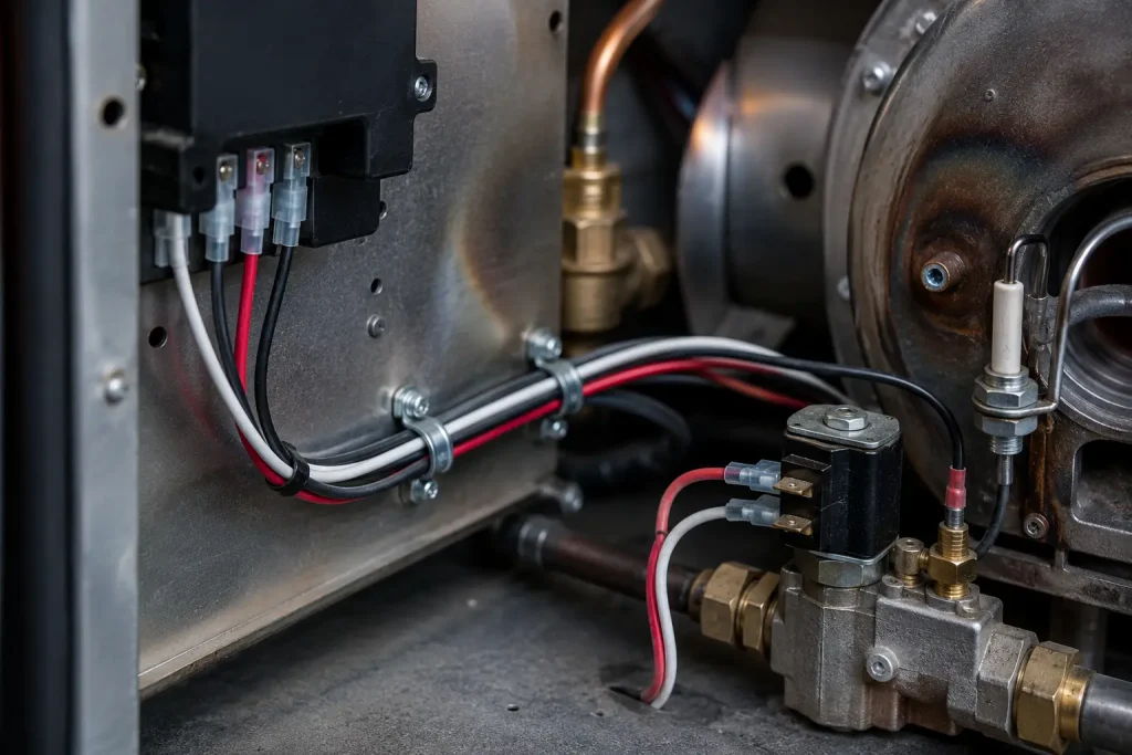 UL 1330 18 AWG FEP wire routed inside fuel-fired appliance burner compartment for internal wiring