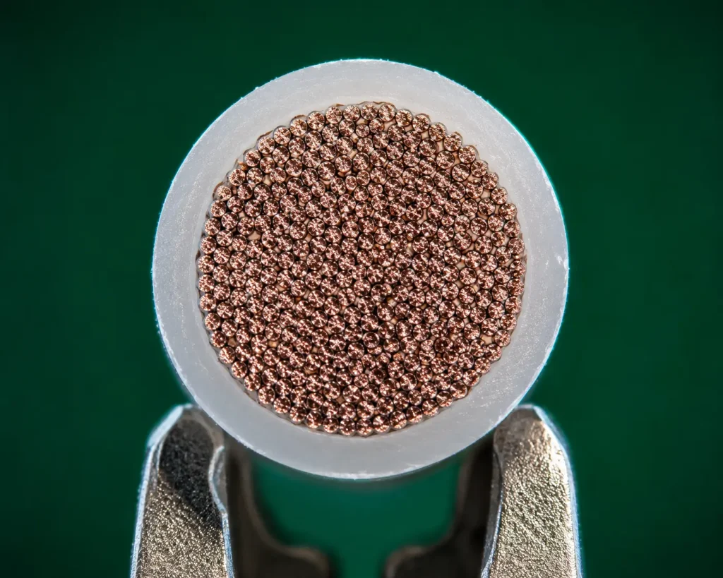 Macro cut end of UL 1331 18 AWG Litz conductor showing many enamelled magnet wire strands inside FEP insulation