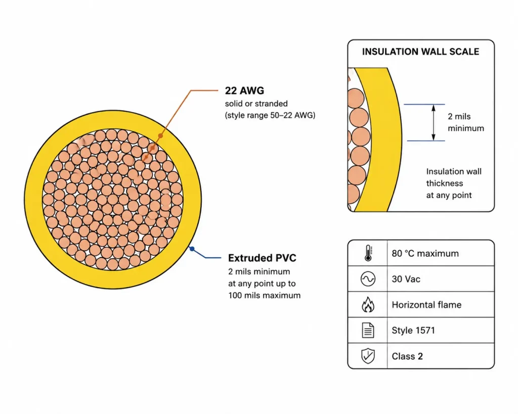 UL AWM 1571 22 AWG technical cross-section diagram, PVC insulation 2 mils minimum wall, 80C 30V Class 2