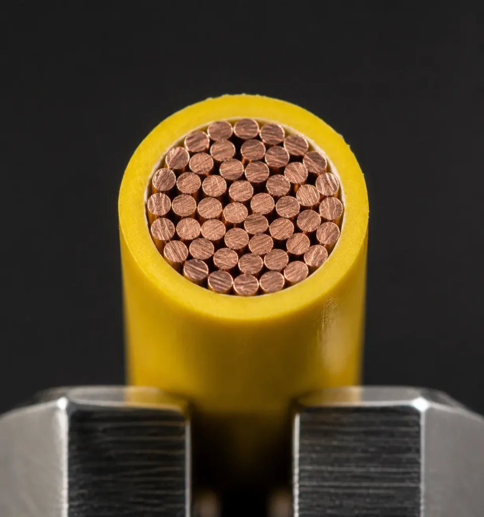 Macro cut end of UL AWM 1571 22 AWG wire showing thin PVC insulation wall and stranded copper conductor