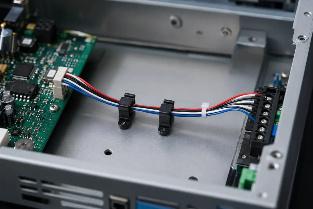 Macro cut end of UL 1571 26 AWG wire showing thin PVC insulation wall and fine stranded copper conductor