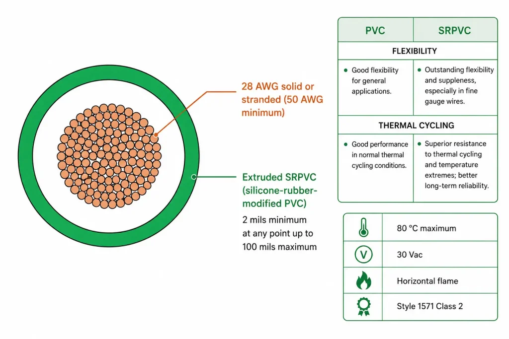 UL 1571 28 AWG cross-section diagram SRPVC insulation 2 mils minimum wall, 80C 30Vac Class 2