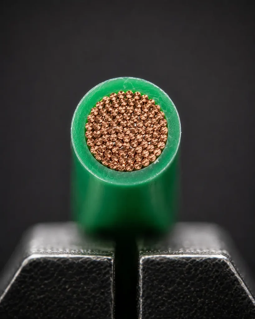 Macro cut end of UL 1571 28 AWG wire showing SRPVC insulation and fine stranded copper conductor cross-section