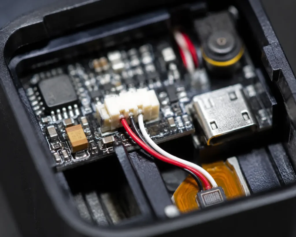 UL AWM 1571 30 AWG fine wire routed inside compact electronic instrument for Class 2 micro sensor wiring