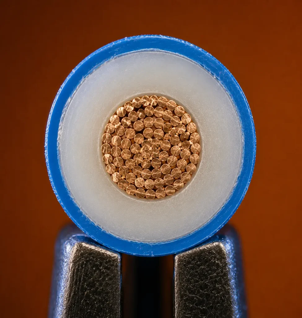 Macro cut end of UL 1331 20 AWG showing thin FEP covering over base FEP insulation and copper conductor