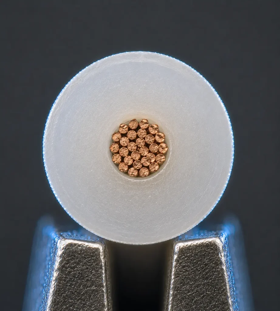 Macro cut end of UL 1331 22 AWG showing FEP insulation 20 mil wall around fine stranded copper conductor