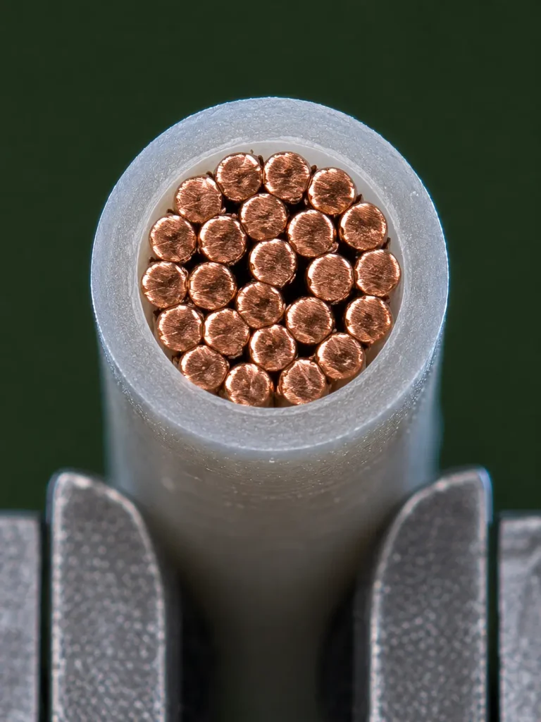 Macro cut end of UL 1333 18 AWG showing uniform 13 mil FEP insulation wall and stranded copper conductor