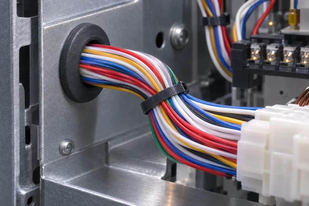 UL 1333 20 AWG FEP thin wall wires in dense internal harness passing through grommet inside appliance
