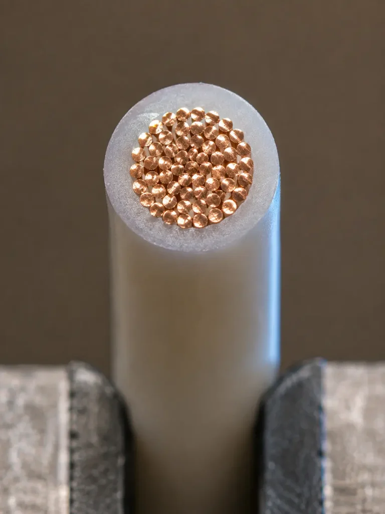 Macro cut end of UL 1333 20 AWG showing thin 13 mil FEP insulation wall and stranded copper conductor