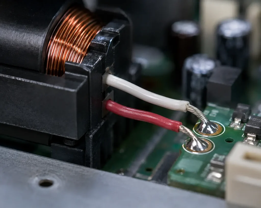 UL 1333 22 AWG FEP Litz lead soldered to board from inductor winding inside appliance power assembly