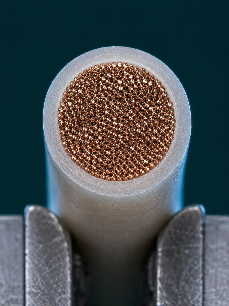 Macro cut end of UL 1333 22 AWG Litz conductor showing enamelled magnet wire strands under thin FEP wall
