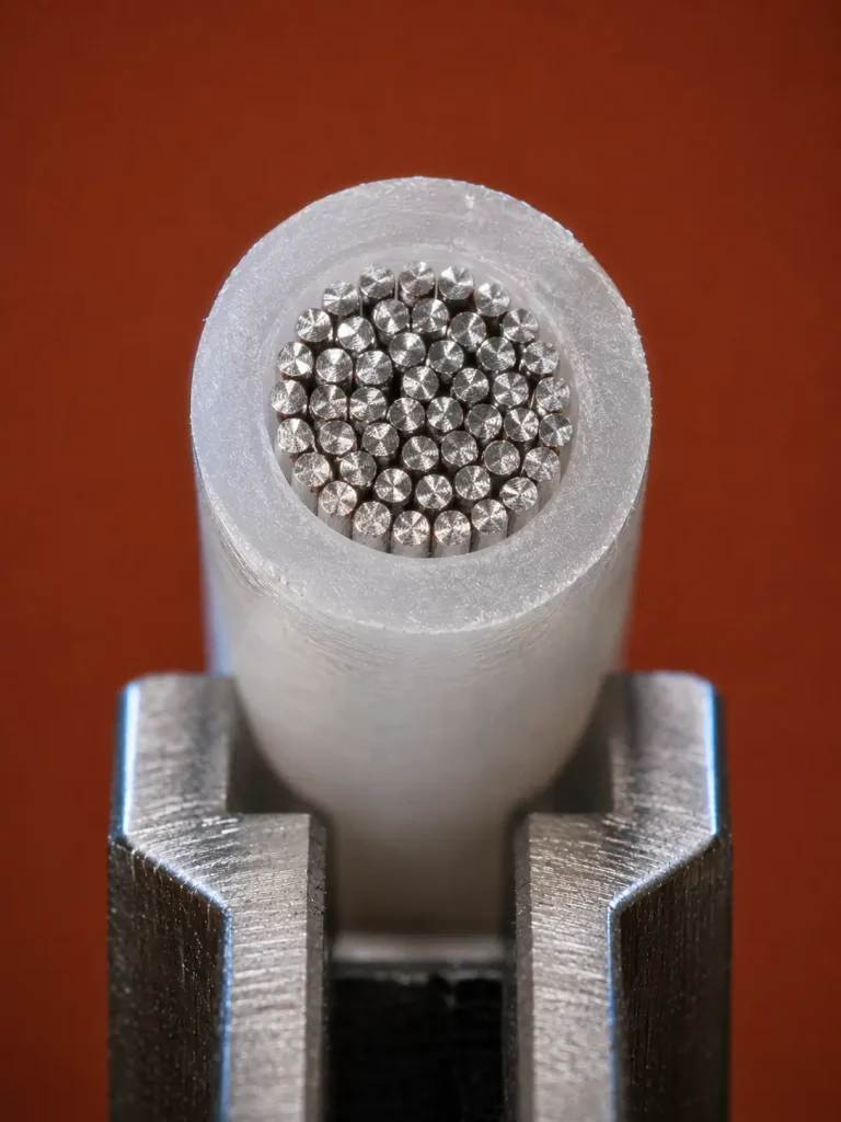 Macro cut end of UL 1591 26 AWG showing uniform 16 mil FEP wall and plated stranded copper conductor