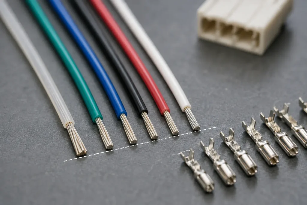 UL 1591 26 AWG FEP wire in mixed gauge harness with consistent strip depth inside appliance assembly