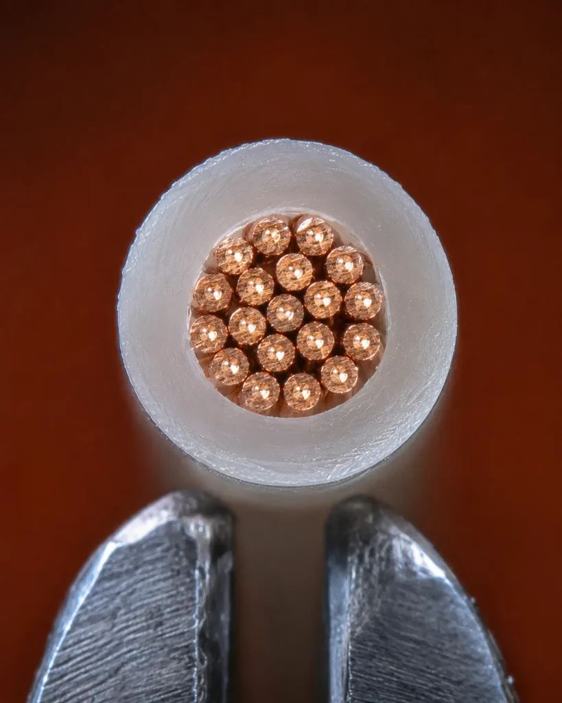 Macro cut end of UL 1592 24 AWG showing 16 mil FEP insulation wall and fine stranded copper conductor