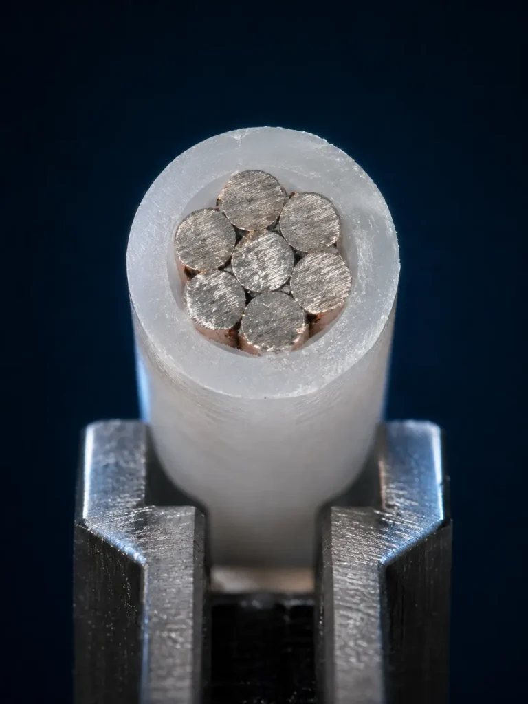 Macro cut end of UL 1592 26 AWG showing coarse tinned copper strands under 16 mil FEP insulation wall