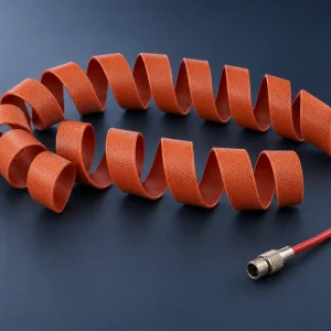 Orange-red 25 mm spiral silicone rubber 12V heating tape coiled with its red lead and circular screw-lock connector, 80 W/m, 12–220 V, -60 to +200°C