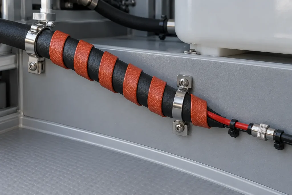 25 mm spiral silicone 12V heat trace wrapped around a water hose in a utility compartment, with its lead and screw-lock connector routed to a low-voltage supply