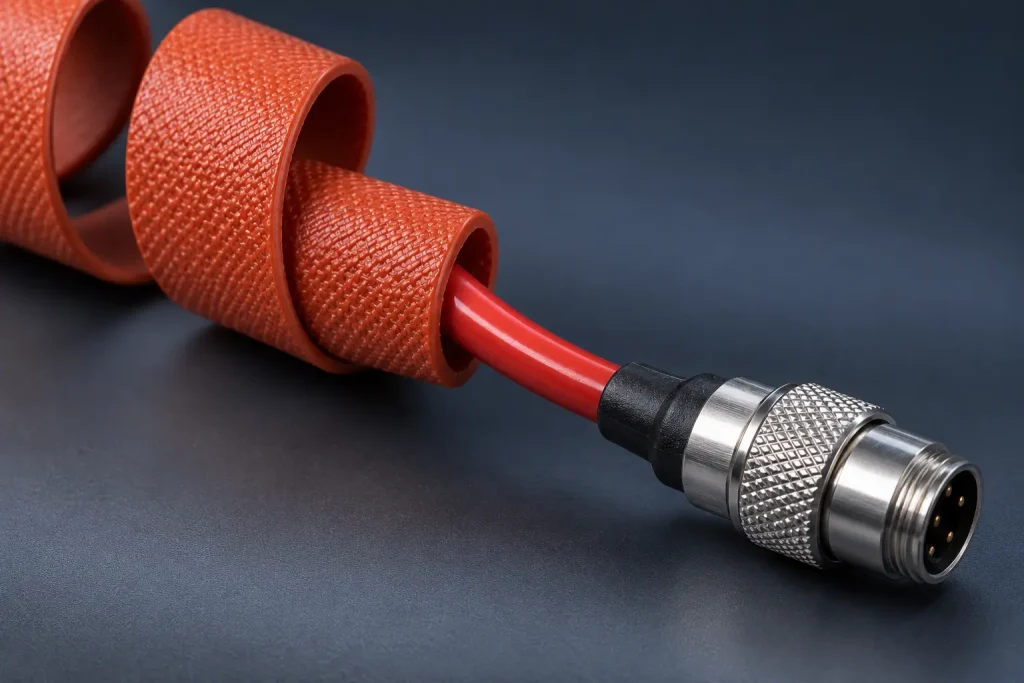 Macro close-up of a spiral silicone heating tape end with the red lead and metal circular screw-lock connector