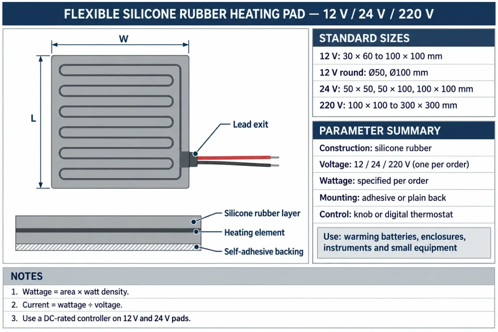 Datasheet diagram of a flexible silicone rubber heating pad showing plan view, layered cross-section with adhesive backing, standard 12 V / 24 V / 220 V sizes and watt-density current examples