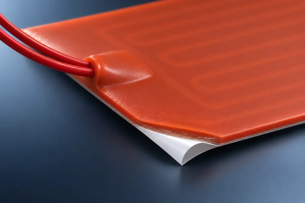 Macro close-up of a silicone rubber heating pad corner showing the lead exit, moulded silicone surface and peeled adhesive liner edge
