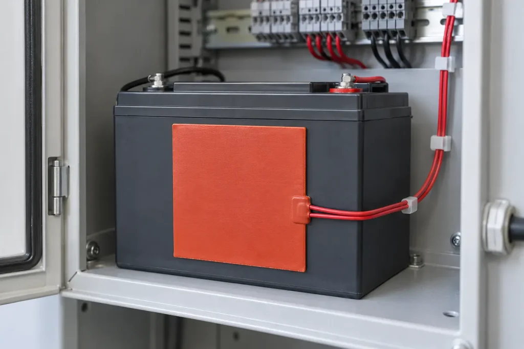 12V silicone heating pad bonded to the side of a battery pack inside an equipment enclosure, with its lead routed along the cabinet wall
