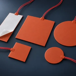 Assorted 12V silicone rubber heating pads in rectangular and round sizes from 30 × 60 to 100 × 100 mm, with red leads and one pad showing its adhesive backing