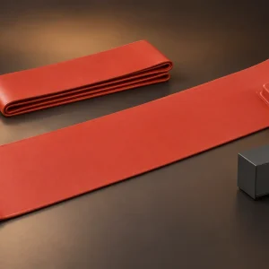 Red silicone rubber 55 gallon / 200 L drum heater band, 1740 × 250 mm, partly unrolled with a knob thermostat mounted on the band, beside a 1740 × 125 mm band and a separate digital display thermostat, 220/380 V, 1,000–3,000 W