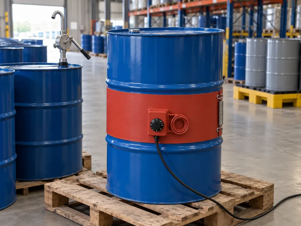 Silicone rubber drum heater band with knob thermostat fitted around a blue 200 L steel drum in a chemical storage warehouse, warming viscous contents for dispensing