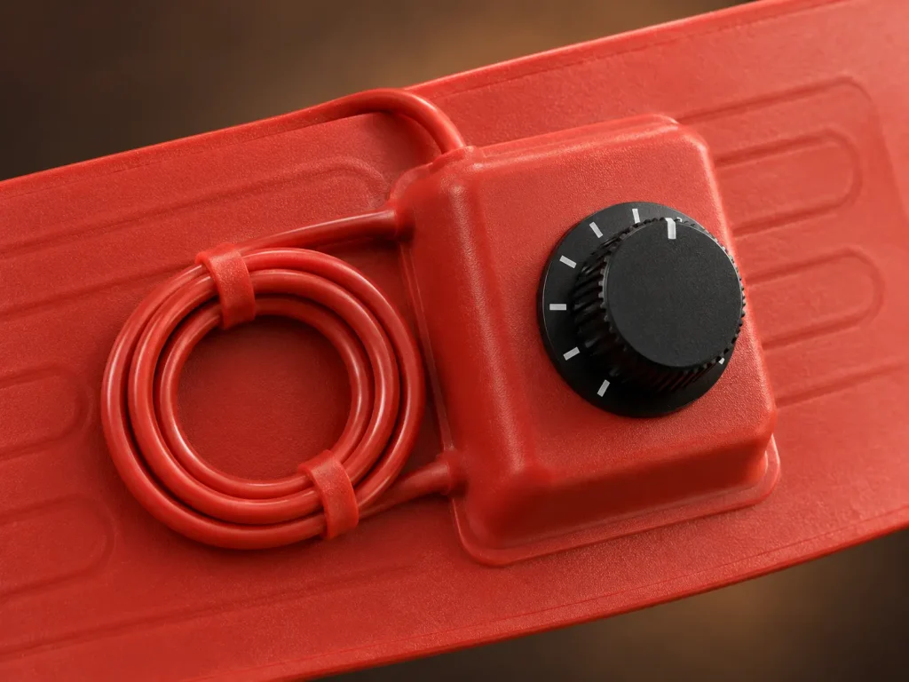 Macro close-up of the mechanical knob thermostat moulded onto a red silicone rubber 55 gallon drum heater band, showing the 30–150°C dial, coiled red capillary and lead exit