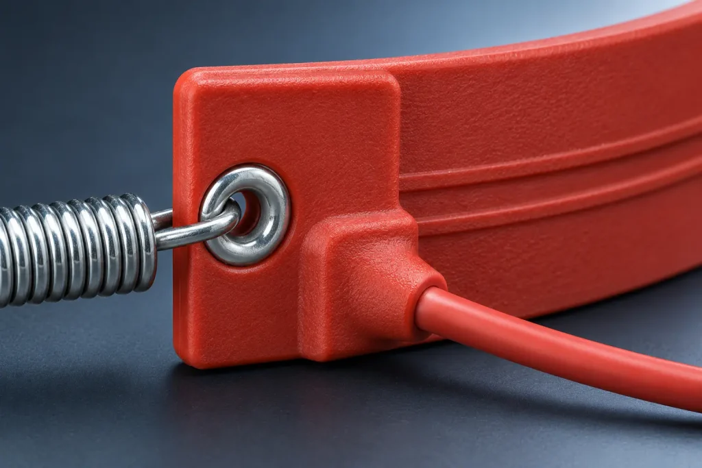 Macro close-up of a 30 mm silicone rubber crankcase heater belt end tab showing the metal eyelet, steel tension spring hook and power lead exit