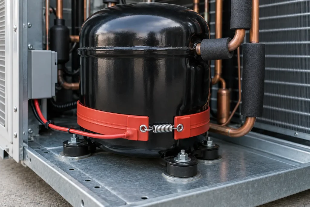 Silicone rubber crankcase heater belt installed around the lower shell of a refrigeration compressor inside an outdoor condensing unit, held by a tension spring with its power lead routed to the control box