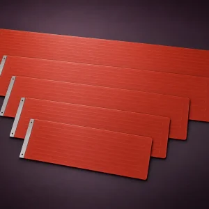 Five red silicone rubber drum heater bands in graded sizes from 860 × 200 mm to 1520 × 250 mm laid flat in a stepped arrangement, for 20 L to 150 L containers, 800–2,000 W