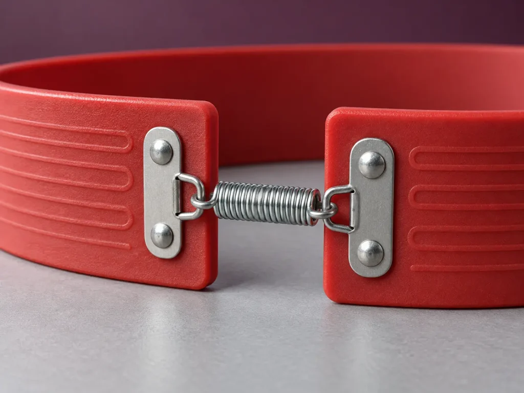 Macro close-up of the hook-and-spring closure at the ends of a red silicone rubber drum heater band, showing the metal hook brackets, tension spring and moulded band edge