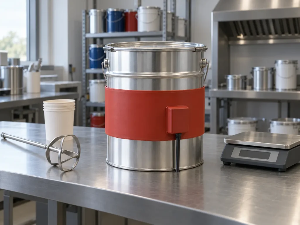 Red silicone rubber drum heater band, 860 × 200 mm, fitted around a 20 L metal pail of resin on a workbench in a coatings workshop, warming the contents for dispensing