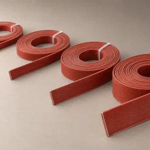 Four coils of flat silicone rubber flexible heating tape in 15, 25, 30 and 50 mm widths with fabric-textured red surface, approx. 80 W/m at 220 V, 150°C maximum