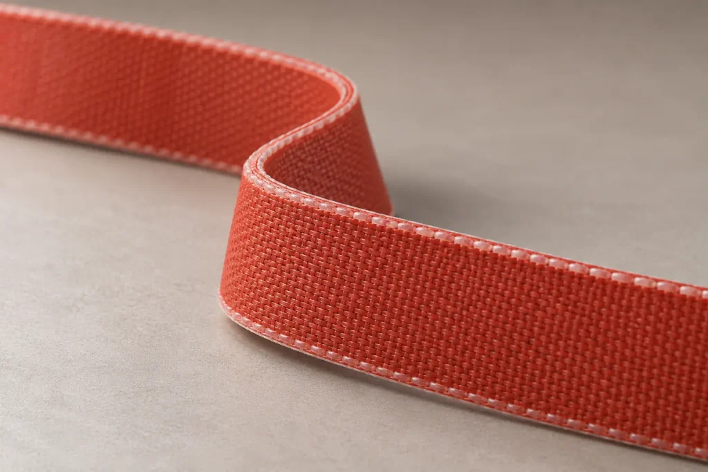 Macro close-up of flat silicone rubber flexible heating tape showing the fabric-textured red surface, stitched-look edge and thin flexible profile