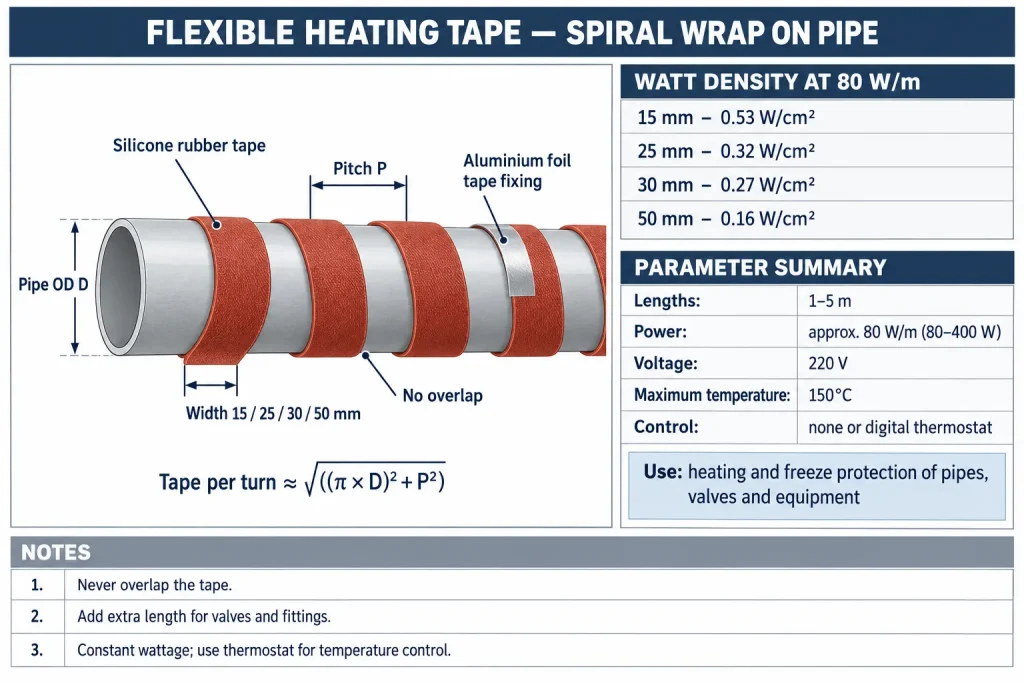 Datasheet diagram of flat silicone rubber flexible heating tape spiral-wrapped on a pipe, showing pitch, tape widths 15–50 mm, watt density by width and 80 W/m rating at 220 V