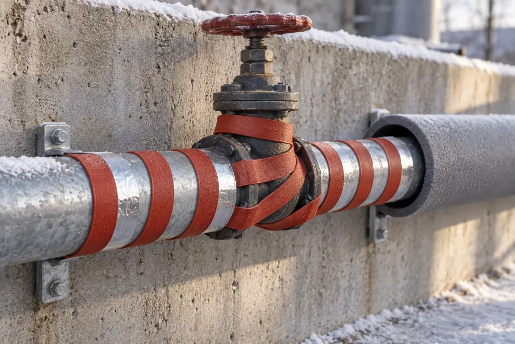 Red flat silicone rubber flexible heating tape spiral-wrapped on an outdoor metal water pipe and gate valve, secured with aluminium foil tape for freeze protection in winter