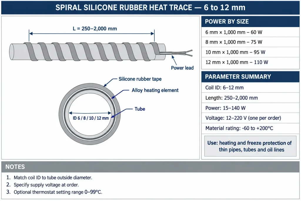 Datasheet diagram of a spiral silicone rubber heat trace showing coil inner diameter 6–12 mm, length 250–2,000 mm, section through the tape and power per size