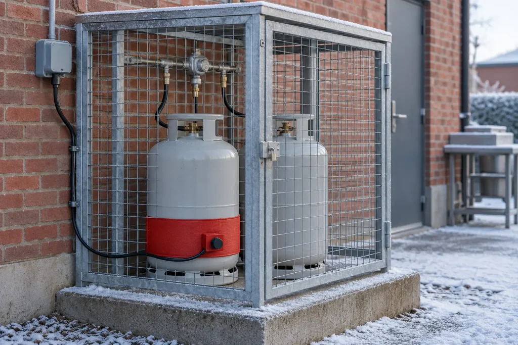 Red silicone rubber LPG cylinder heater band fitted around the lower wall of a grey gas cylinder inside a ventilated outdoor cylinder cage behind a restaurant in winter