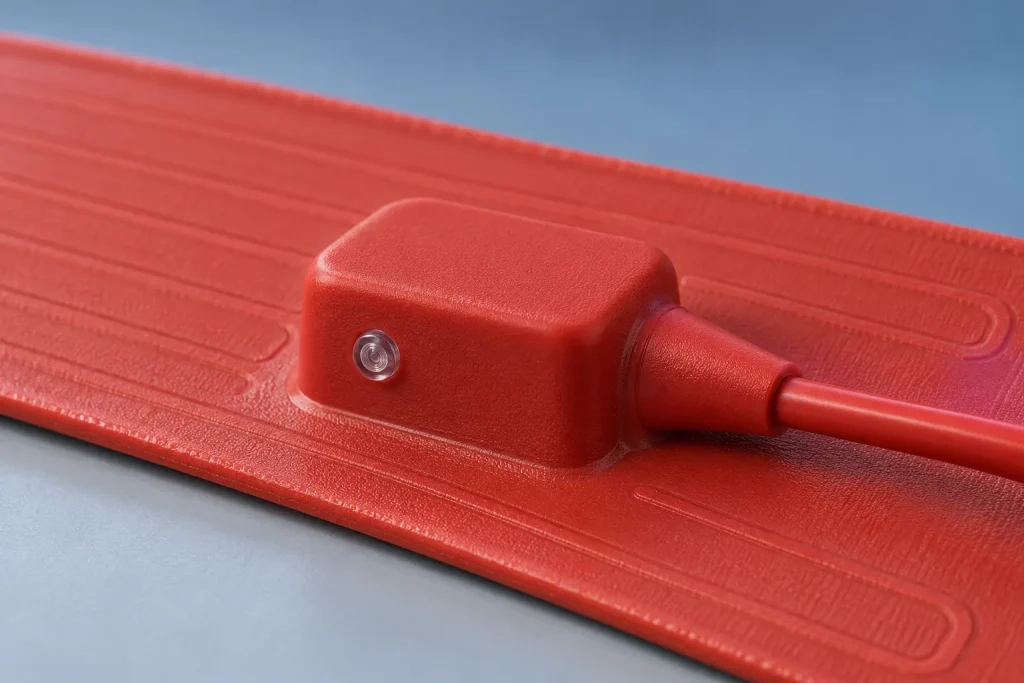 Macro close-up of a red silicone rubber LPG cylinder heater band showing the moulded control housing with small indicator lens and the sealed waterproof lead exit