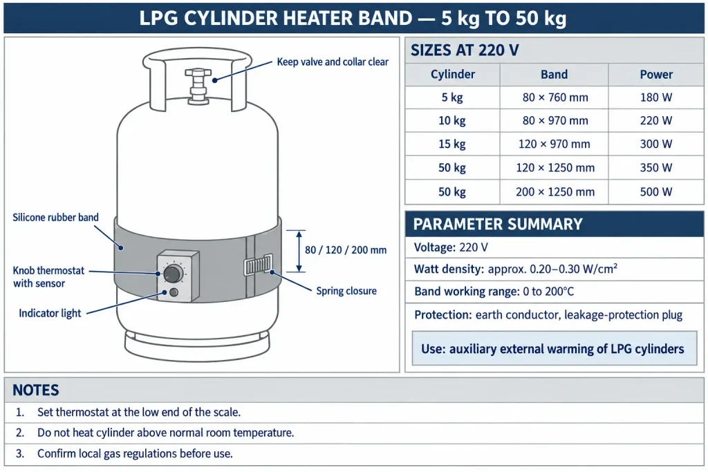 Datasheet diagram of a silicone rubber LPG cylinder heater band showing band position on the cylinder wall, sizes for 5–50 kg cylinders, 180–500 W at 220 V and the built-in protection features
