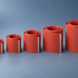 Five red silicone rubber LPG cylinder heater bands in sizes from 80 × 760 mm to 200 × 1250 mm, loosely rolled side by side, 180–500 W at 220 V for 5–50 kg cylinders
